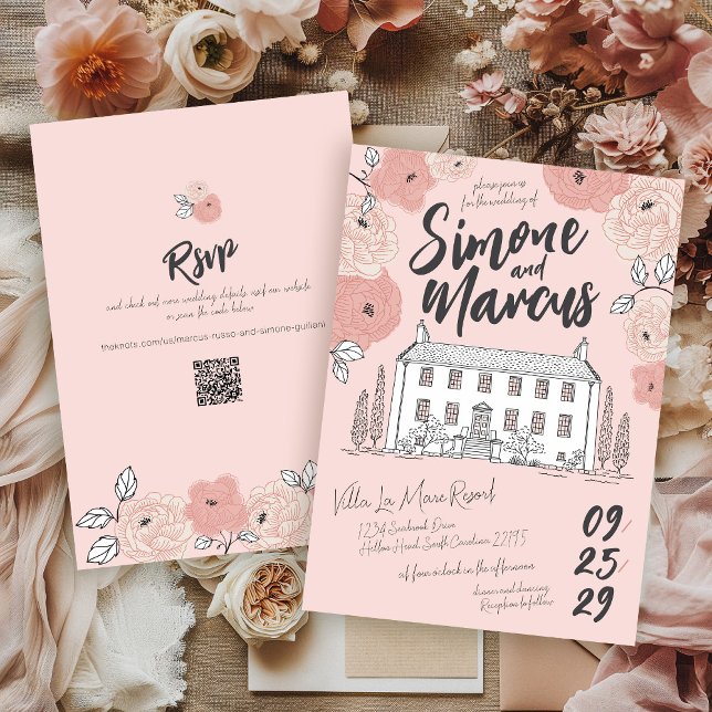 Invitation Villa toscane unique dessinée à la main avec fleur (Unique hand drawn pink floral quirky Italian villa manor QR elegant illustrated wedding invitation)