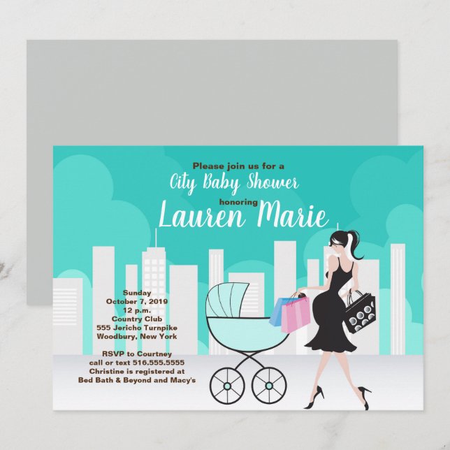 Invitation Ville Carriage Neutral Baby shower de mère enceint (Devant / Derrière)