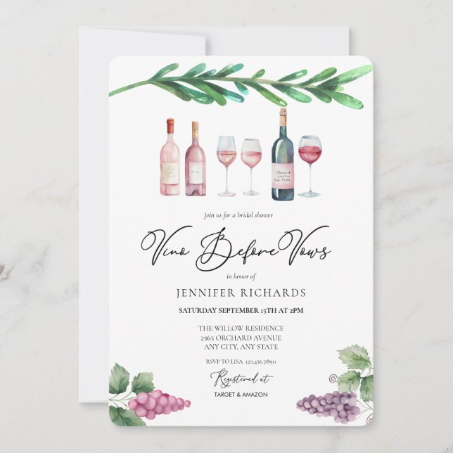 Invitation Vin aquarelle | Raisins | Fête des mariées moderne (Devant)