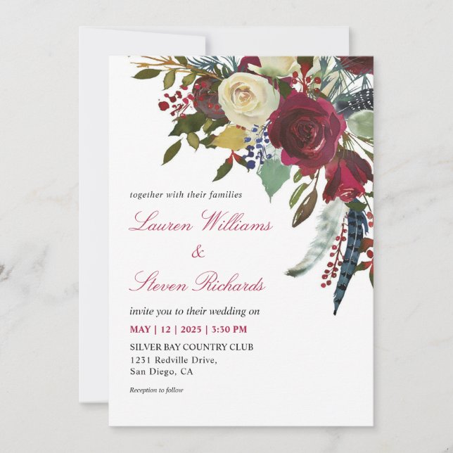 Invitation Vin blanc personnalisé Boho rouge Bordo Fleurs Mar (Devant)