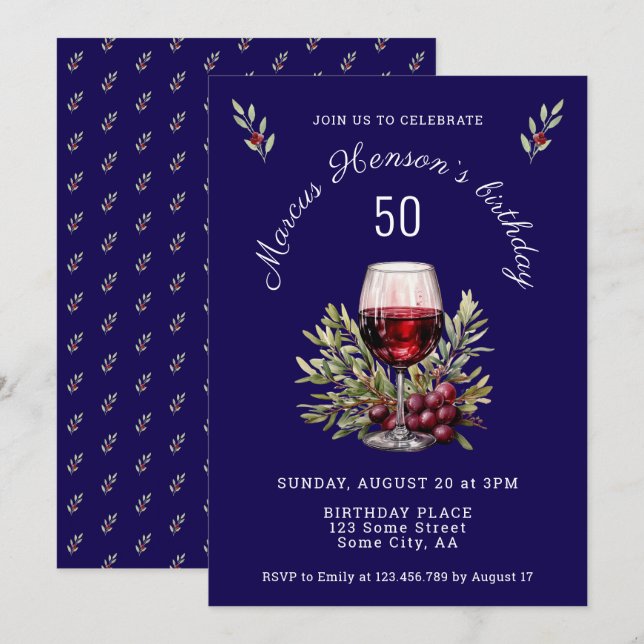 Invitation Vin Bleu Verre Olive Aquarelle 50e anniversaire (Devant / Derrière)
