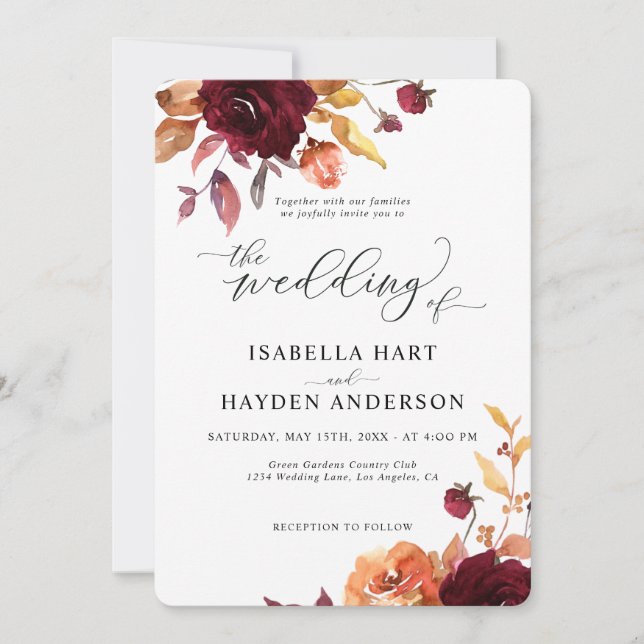 Invitation Vin Bourgogne rouge Chic Floral Mariage (Devant)