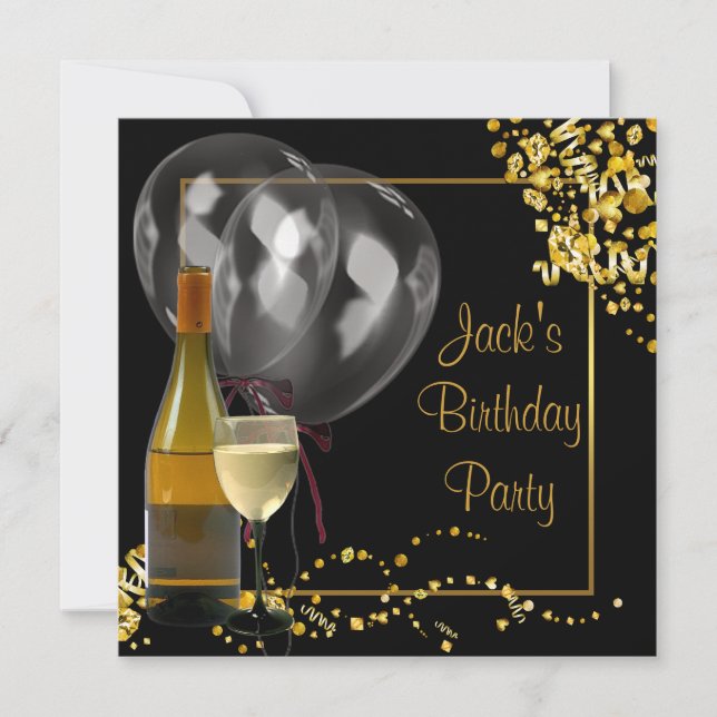 Invitation Vin Bouteille Verre Or Black Mans Anniversaire (Devant)