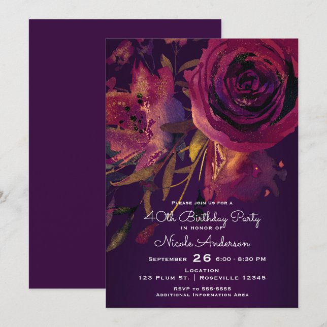 Invitation Vin de Bourgogne Floral Rose violet fête d'anniver (Devant / Derrière)