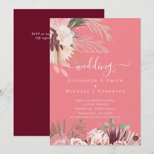 Invitation Vin de Bourgogne Pampas Grass Mariage Tropical (Devant / Derrière)