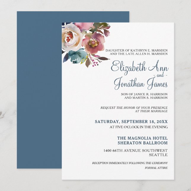 Invitation Vin de Champagne bleu Dusty Mariage Floral (Devant / Derrière)