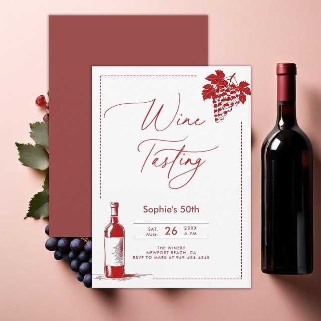 Invitation Vin Dégustation Vignoble Bourgogne moderne 50e ann (wine tasting party 50th birthday invitations women winery trip modern minimalist elegant burgundy)