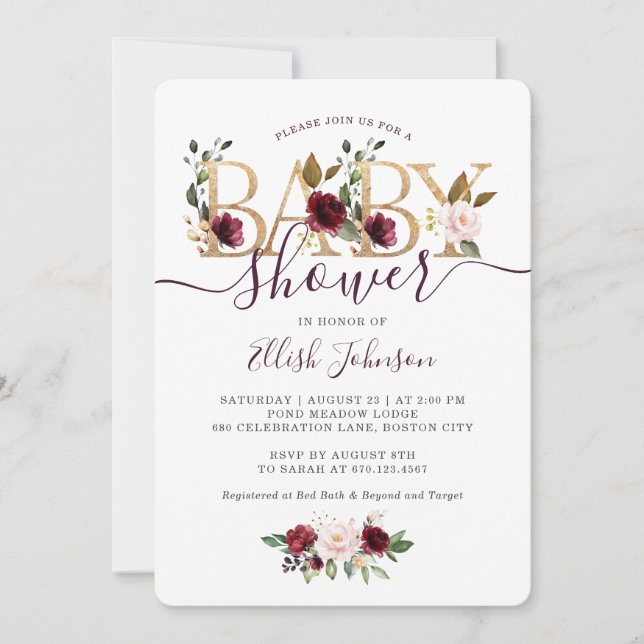 Invitation Vin d'or Baby shower floral Bourgogne (Devant)