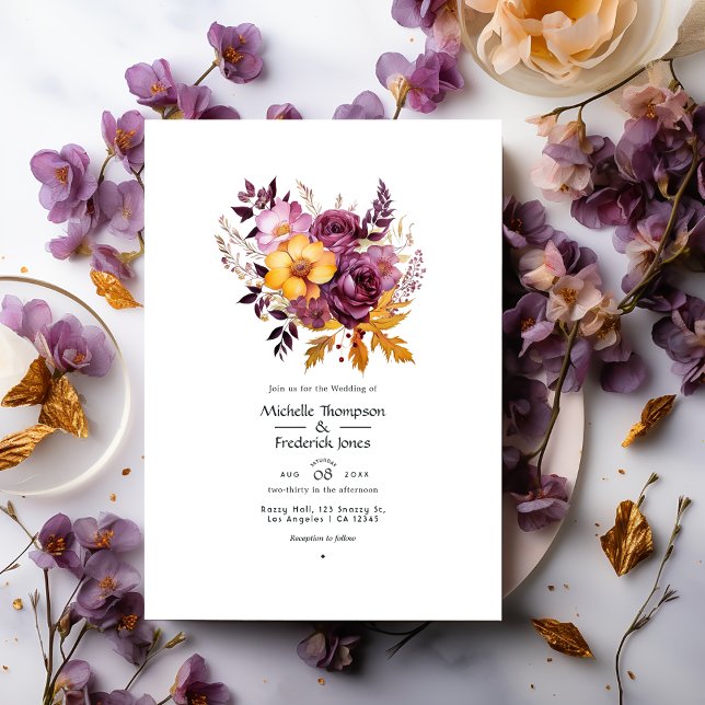 Invitation Vin d'or et de prune Mariage de automne Floral (Créateur téléchargé)