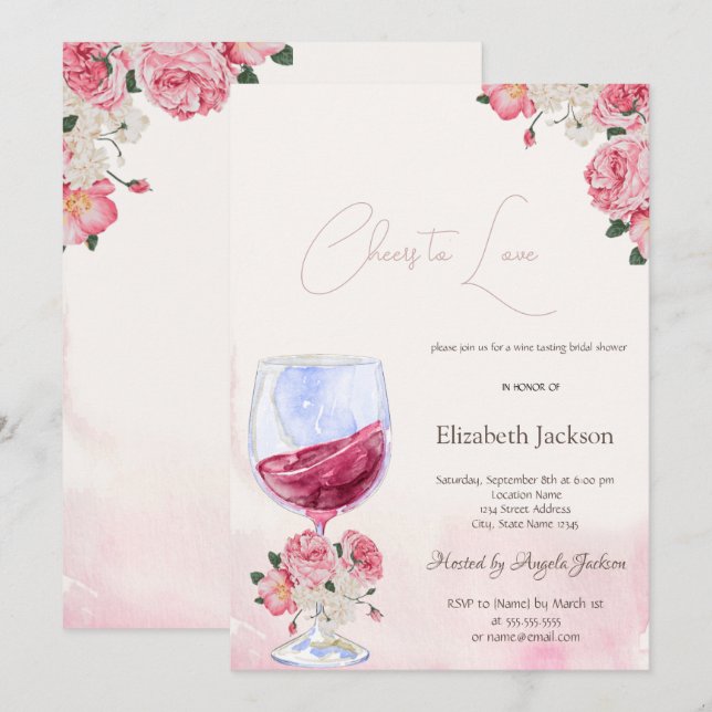 Invitation Vin Fleurs De Verre Aquarelle Cheers À L'Amour (Devant / Derrière)