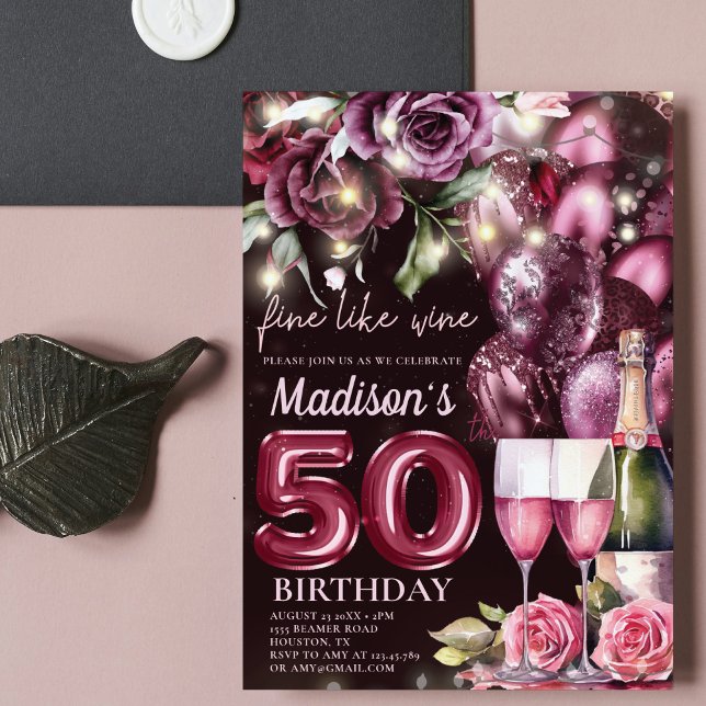 Invitation Vin Magenta de luxe Adulte 50e anniversaire (Créateur téléchargé)