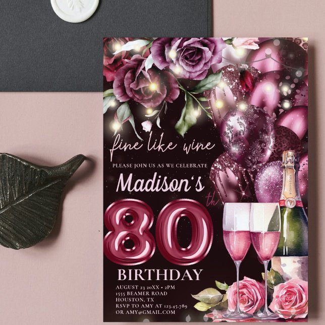Invitation Vin Magenta de luxe Adulte 80e anniversaire (Créateur téléchargé)