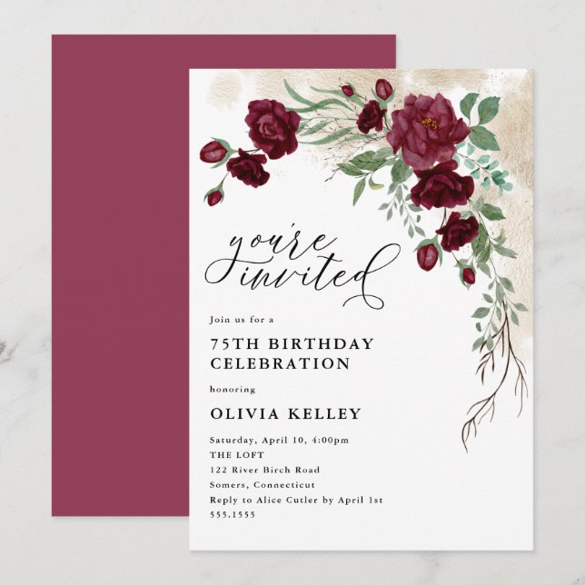 Invitation Vin Rose Bourgogne, fête d'anniversaire florale (Devant / Derrière)