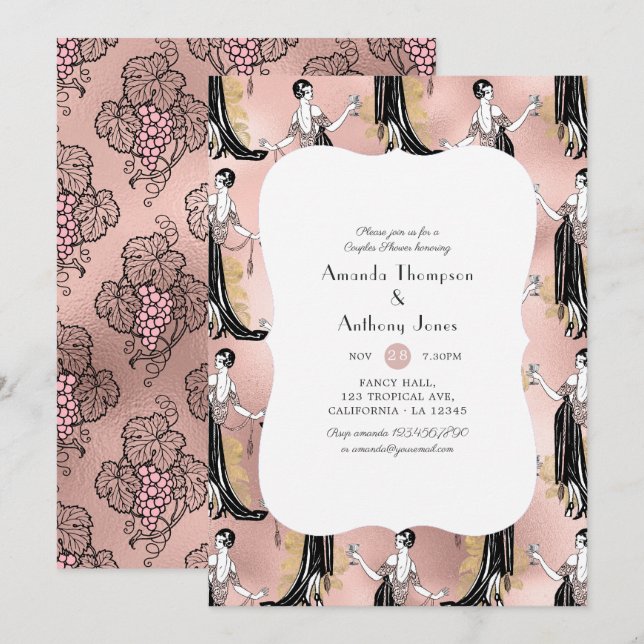 Invitation Vin rose Gold et Blush Dégustation Couples Douche (Devant / Derrière)