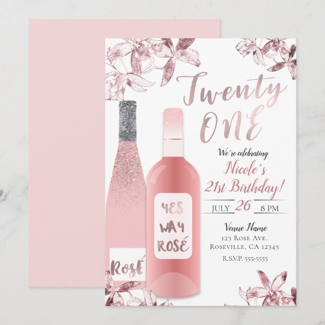 Invitation Vin Rosè Pink et Fleurs d'Orchidée Vingt et Un 21è (Devant / Derrière)