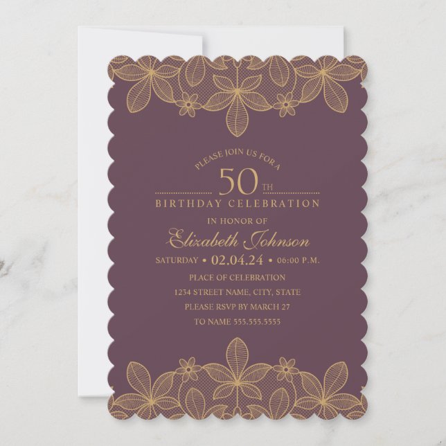 Invitation Vin Rouge 50e anniversaire fête unique dentelle d' (Devant)