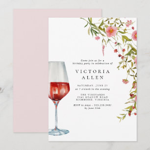 Invitation Vin rouge   Anniversaire féminin rose élégant