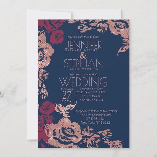 Invitation Vin Rouge Bleu Rose Or Parties scintillant Floral  (Devant)