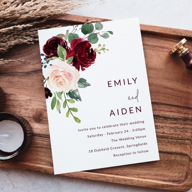 Invitation Vin rouge Bourgogne et Mariage floral (Créateur téléchargé)