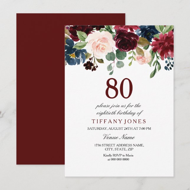 Invitation Vin rouge Bourgogne Fleurs 80e anniversaire Invita (Devant / Derrière)