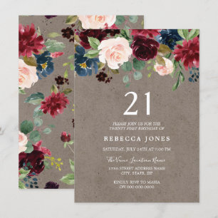 Invitation Vin rouge Bourgogne Floral 21ème anniversaire