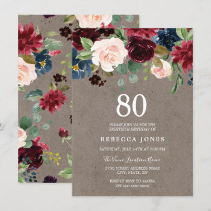 Invitation Vin rouge Bourgogne Floral 80e fête d'anniversaire