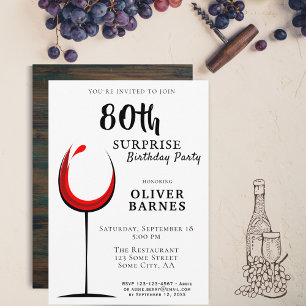 Invitation Vin rouge moderne 80e anniversaire Surprise Party