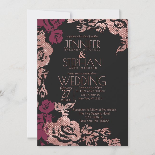 Invitation Vin Rouge Noir Rose Or Parties scintillant Floral  (Devant)