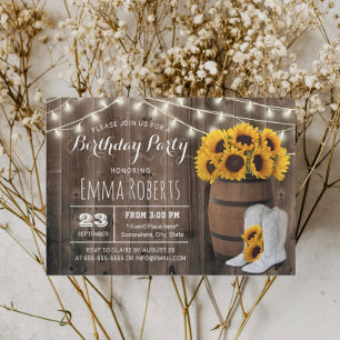 Invitation Vin Russe Baril Tournesol Cowgirl Anniversaire