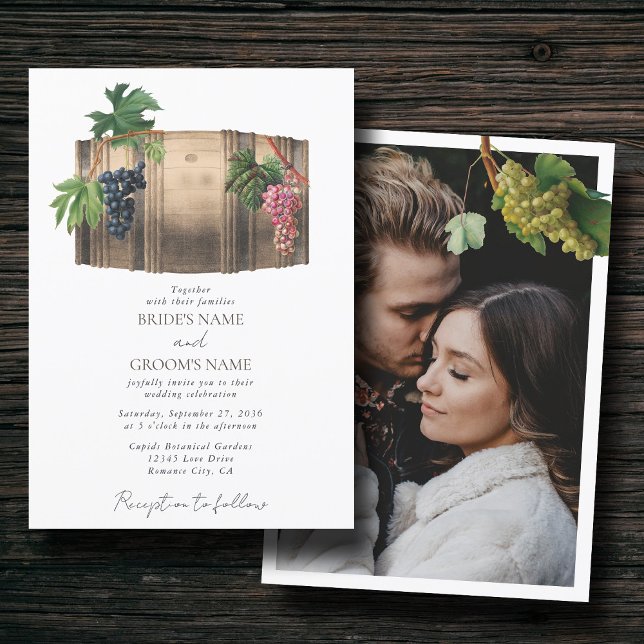 Invitation Vin rustique Barrel Vignoble Vignoble Mariage Phot (Rustic Wine Barrel Winery Vineyard Wedding Photo Invitation)