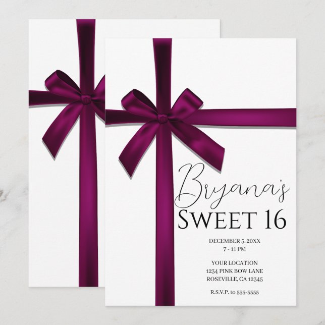 Invitation Vin Satin Ribbon Bow Sweet 16 Anniversaire (Devant / Derrière)