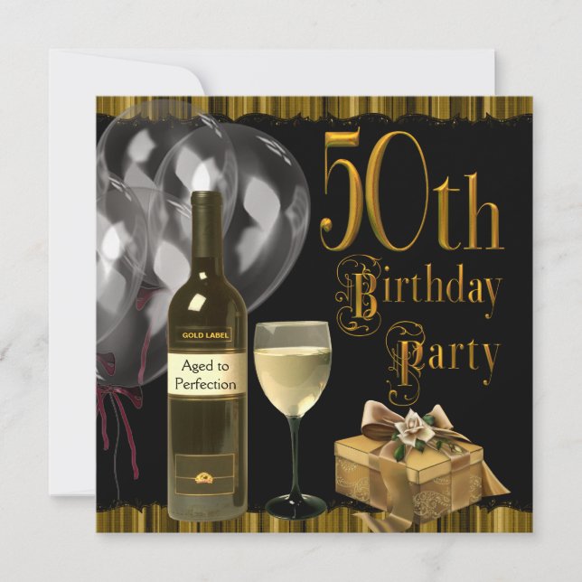 Invitation Vin Verre Bouteille Or 50e fête d'anniversaire (Devant)