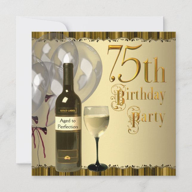 Invitation Vin Verre Bouteille Or 75e fête d'anniversaire (Devant)