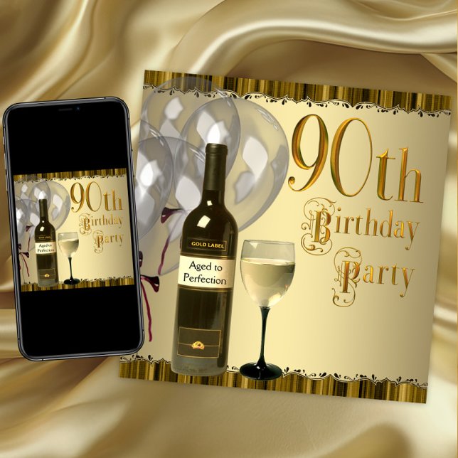 Invitation Vin Verre Bouteille Or 90e fête d'anniversaire (90th birthday party invitation. Instant download and printed invitations available.)