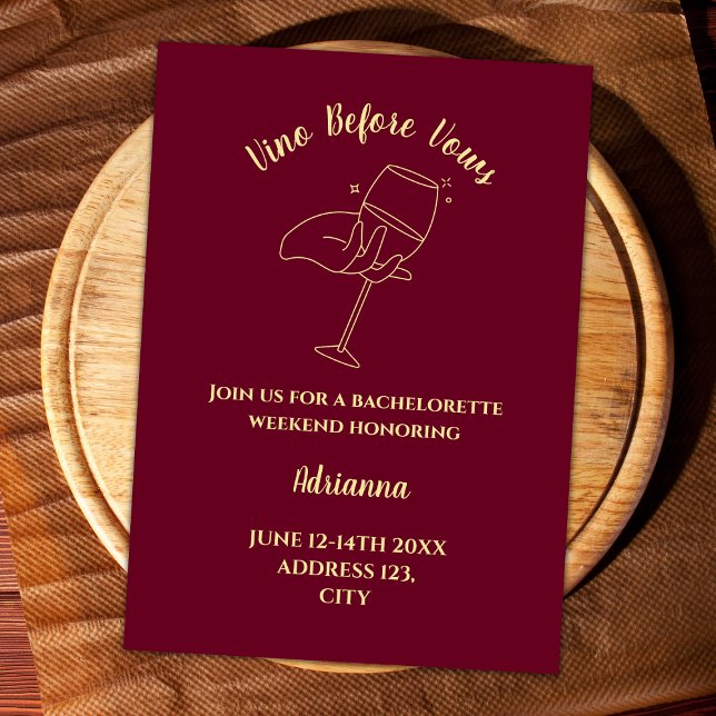 Invitation Vin Vino Avant Vows Bachelorette Week-end (Wine Vino Before Vows Burgundy And Gold Bachelorette Weekend Itinerary)