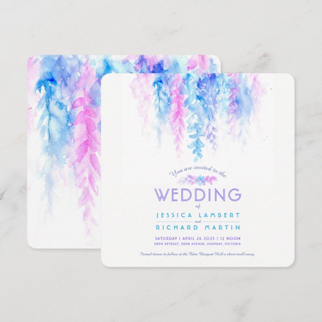 Invitation Vine d'aquarelle bleu violet mariage carré invite (Devant / Derrière)