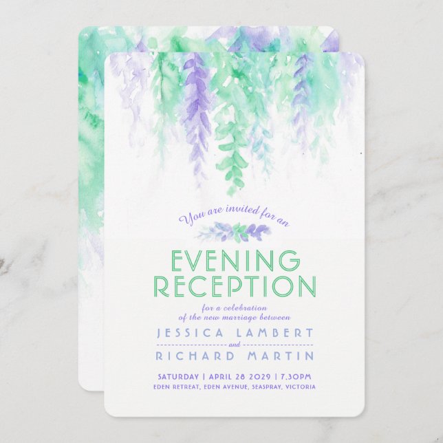 Invitation Vine d'aquarelle violet vert soirée réception (Devant / Derrière)