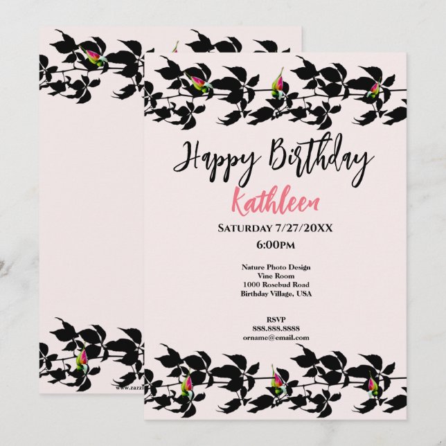 INVITATION VINE ROSEBUD PHOTO HAPPY BANTHDAY GREETING CARD (Devant / Derrière)