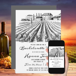 Invitation Vineyard Winery Rustic Sketch Bachelorette Party