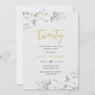 Invitation Vingt Blanc & Or Elégant Blanc Floral Anniversaire