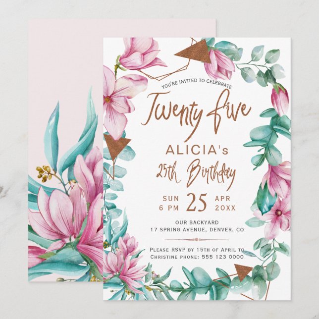 Invitation Vingt-cinq aquarelle florale 25e anniversaire (Devant / Derrière)