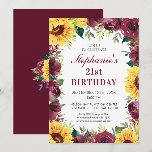 Invitation Vingt et un fête d'anniversaire tournesol floral (Devant / Derrière)
