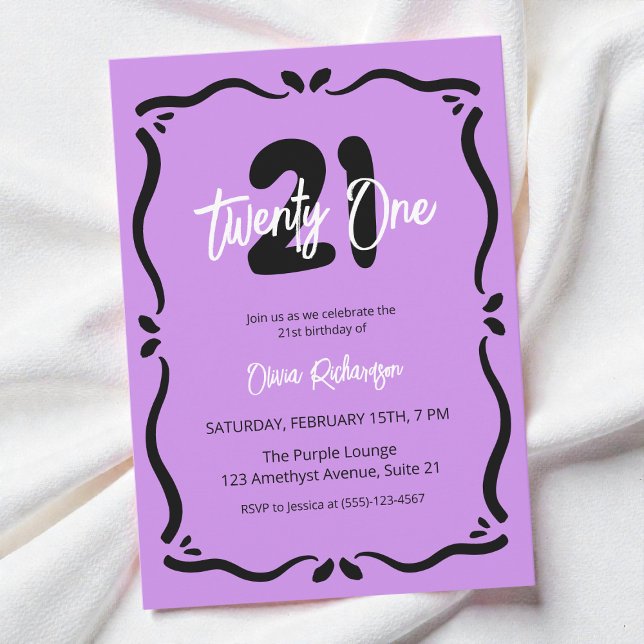 Invitation Vingt et un noir violet élégant Chic 21e anniversa (Twenty One Purple Black Elegant Chic 21st Birthday Invitation)
