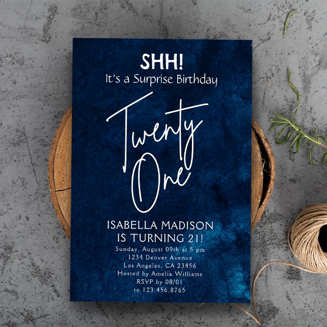 Invitation Vingt | Navy Blue 21st Birthday Surprise Party (Twenty On | Navy Blue 21st Birthday Surprise Party Invitation
)