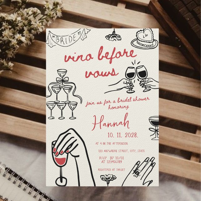 Invitation Vino Avant Vows Main Tirée Fête des mariées Rouge (Vino Before Vows Hand Drawn Bold Black & Red On cloud Wine Bridal Shower Brunch Whimsical Invitation)