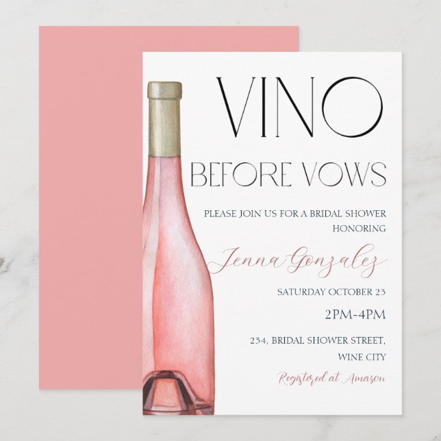 Invitation Vino Avant Vows Rose Vin rose Fête des mariées (Devant / Derrière)