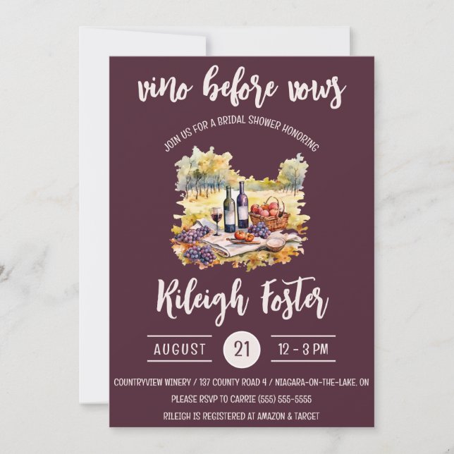 Invitation Vino Avant Vows, Vin, Pique-Nique, Fête des mariée (Devant)