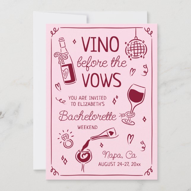 Invitation Vino Before the Vows Pink & Wine Red Bachelorette (Devant)