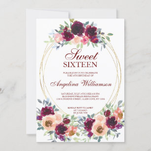 INVITATION VINS BLUSH EAU COULEUR D'OR FLORAL PHOTO SWEET 16