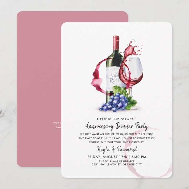 Invitation Vins & Dîner Occassion Anniversaire Rouge (Devant / Derrière)